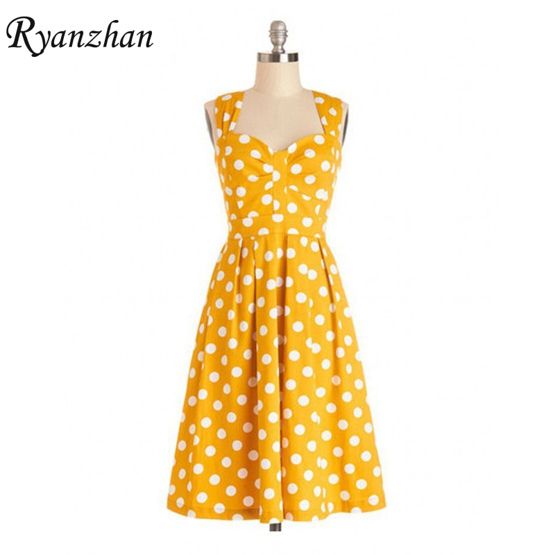 2016 High Quality Yellow Polka Dot Dress Vestidos Women Cute Summer