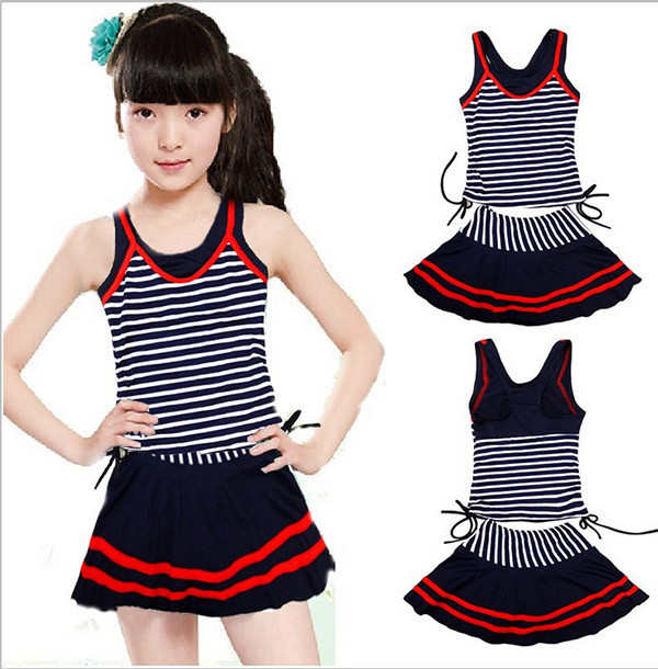 Striped Swimwear Dresses Wasit Elastic Swimsuit For Girls Kids Swimsuit With Halter Swim (5)
