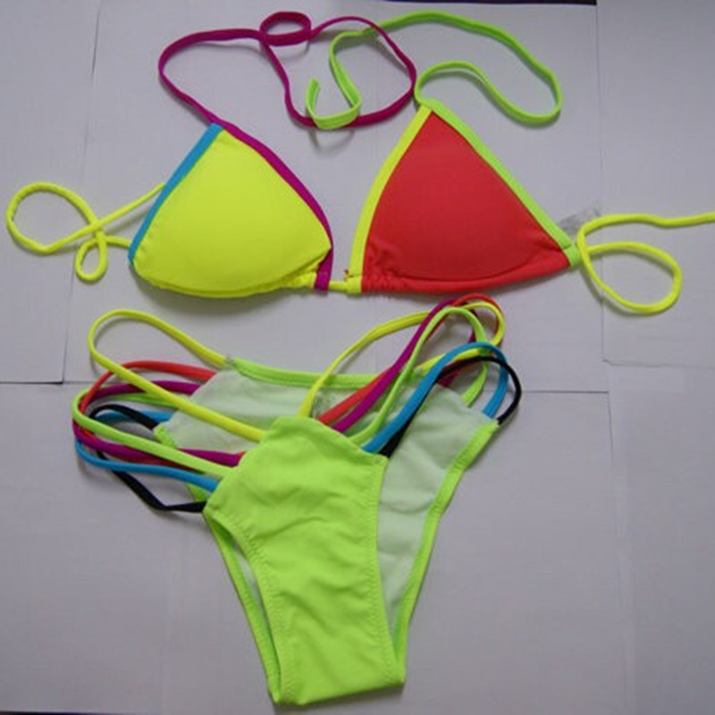 2015 Neon Bandage Bikini Bright Rainbow Color Sexy E Swimsuit Beachwear