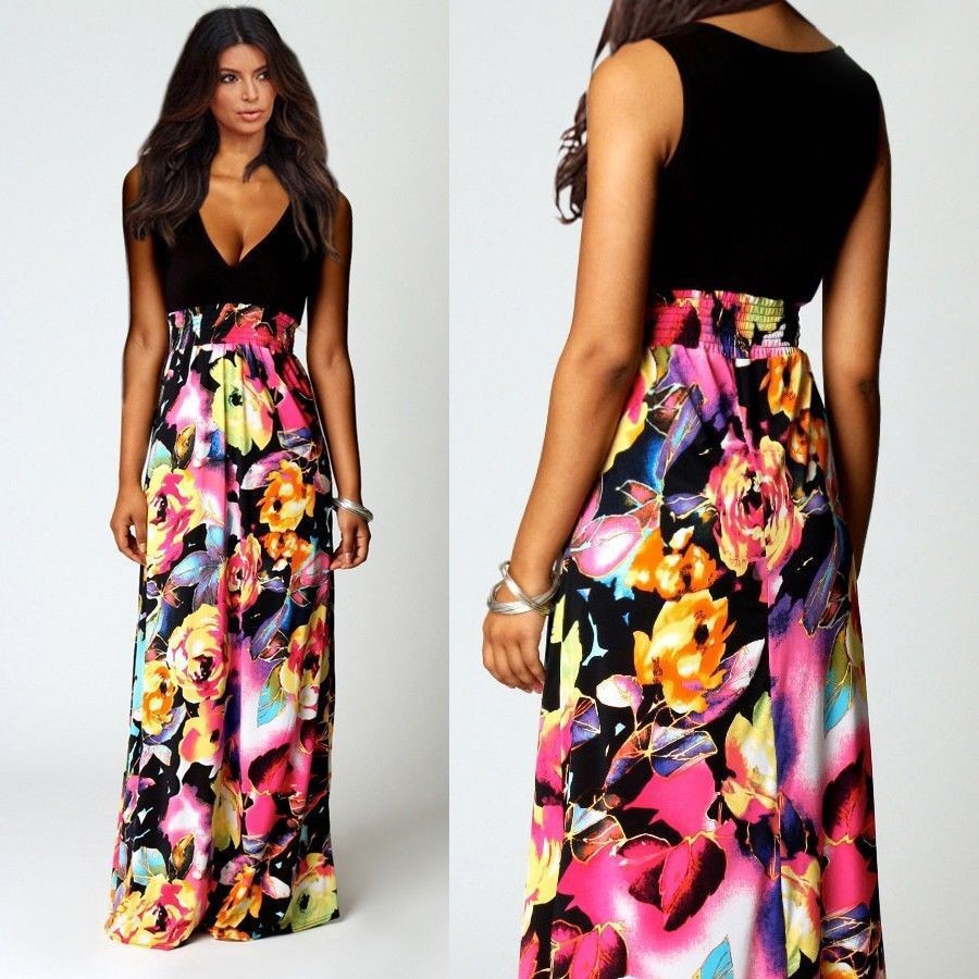 Women Maxi Dress Summer Dress 2015 Deep V-neck Sleeveless Floral Printed Dress Princess Dresses robe longue femme (4)