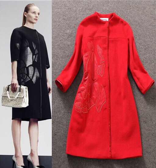 2014 Free Shipping Women Fashion Star Trench Red Or Black Long Sleeve Winter  Wool Thick Warm Long Coat