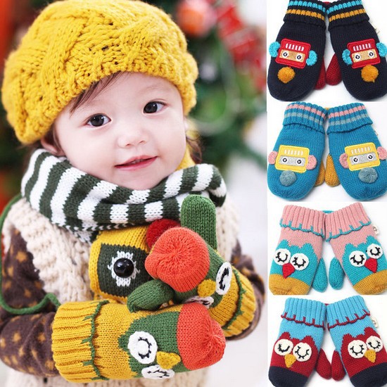 Children s Cartoon Winter Warm Gloves Quality Polyester Knit Wool Design Winter Children Warm Gloves Owl