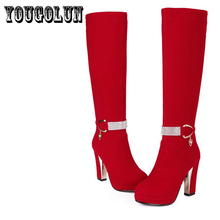 Nubuck PU Black,Red Round toe Square high heels women fashion Martin boots,2014 Autumn Western metal belt buckle ladies shoes