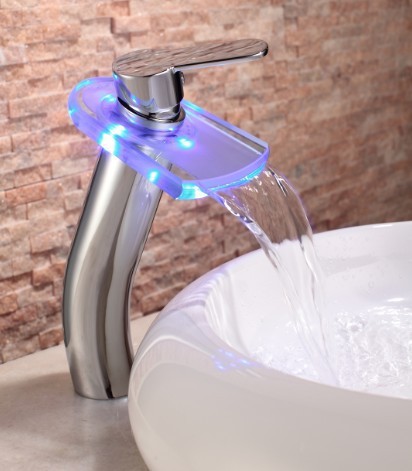 Bathroom LED basin sink faucet mixer taps 3 color change glass waterfall temperature control chrome polished LH-8076