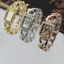 Diamantes de imitación de moda pulsera de cadena de la cara de la flor señora de pulsera de cuarzo plata / oro / rosa taladro determinado del oro del diamante de la venda