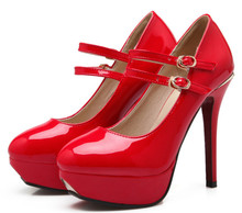 Sexy New Light Patent Leather Ultra High Heels Shoes Ankle-warp Red Bottom Bride Wedding Shoes Platform Mary Janes Women Pumps