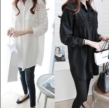 H353 3318# 2016 spring summer women lace blouses tops long shirts casual tur-down collar white black