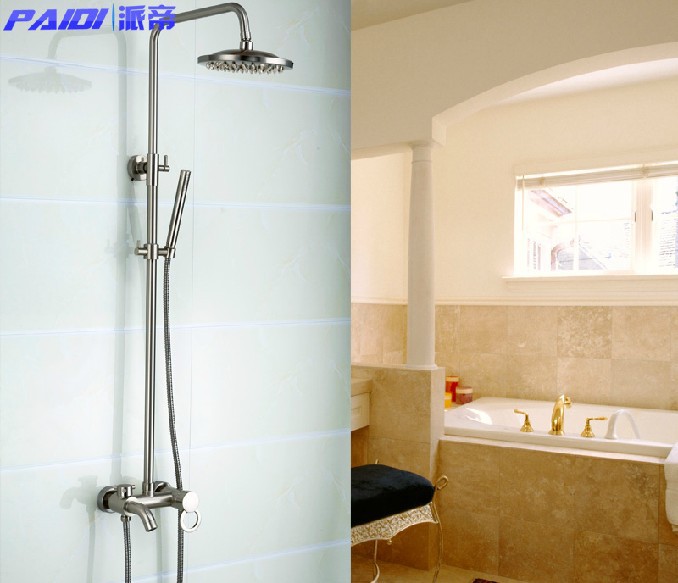 Nickel Brushed Bathtub Shower Mixer Faucet with 8 Inch Shower Head + Hand Shower