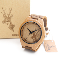 Engraved Elk Head Natural Bamboo Wooden Wristwatch With Genuine Cowhide Leather Band Wood Watches for Men and Women