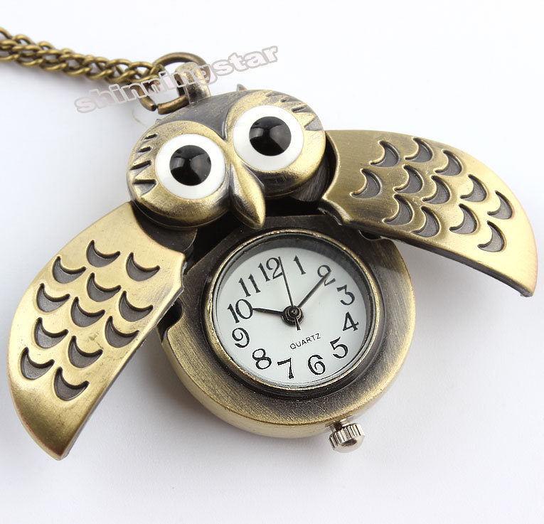 Unique antique fashion alloy vivid owl pocket watches pendent necklace P27