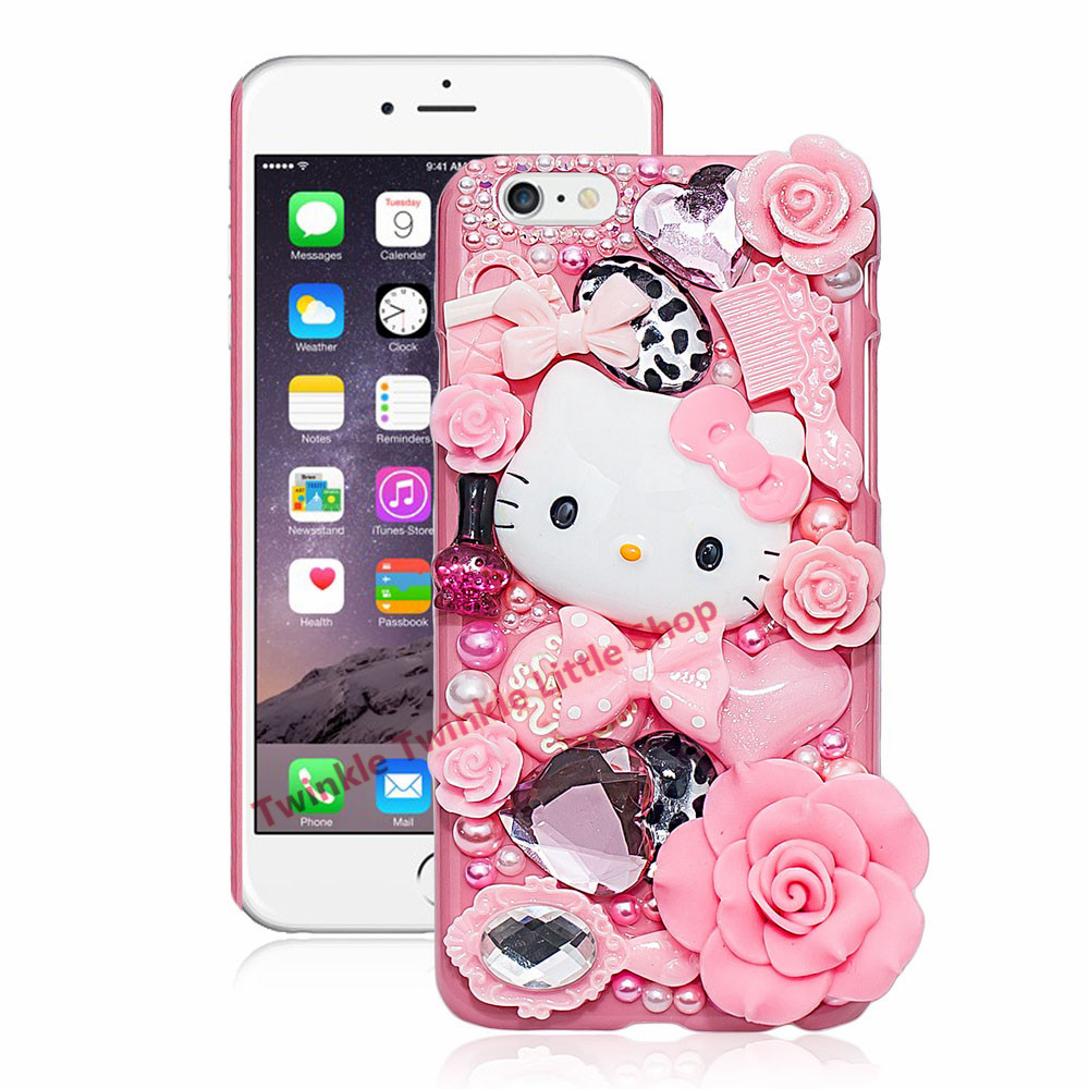 New Cute Fashion Hello Kitty Pearl Crystal Plastic Case For Apple iPhone 6 4.7 inch Hard Cover Phone Cases For iPhone 6 Case