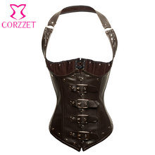 Brown Faux Leather Bustier Steampunk Corset Underbust Waist Training Corsets Steel Boned Korset Halter Tops Sexy Gothic Clothing