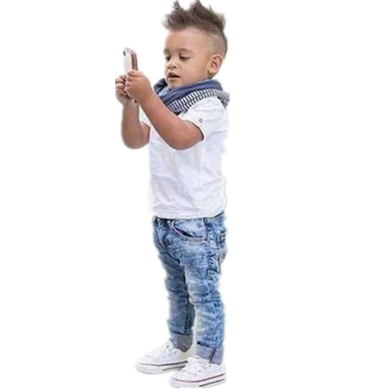 2015 summer boys denim clothing sets kids boys handsome short sleeved T shirt denim jeans scarf