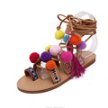 Bohemian Up Open Toe Sandals Handmade Rome gladiator sandals women Flats Fringed Fur Cross Strap Poms