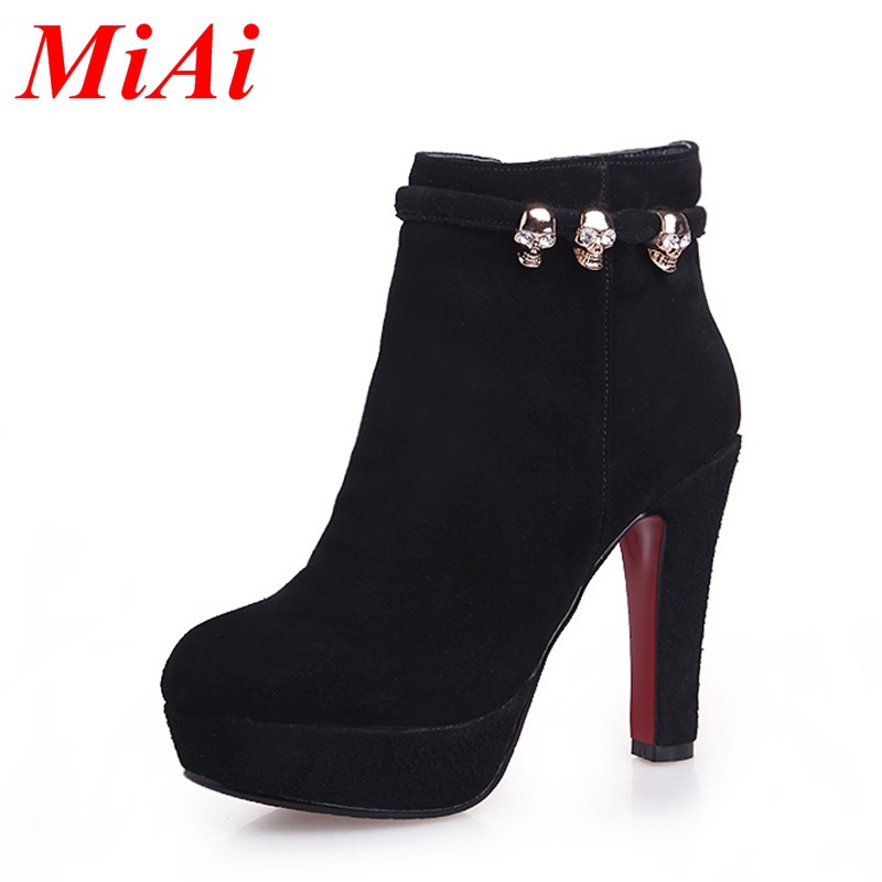 2014 new winter leather fashion round buckle zipper women high-heeled ankle boots Winter Boots Black Street casual shoes 34-39