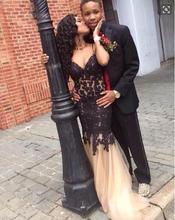 Sexy Spaghetti Black Lace Appliques Champagne Evening Dresses Mermaid Long Prom Dresses Sheer Party Gowns 2016 EV81