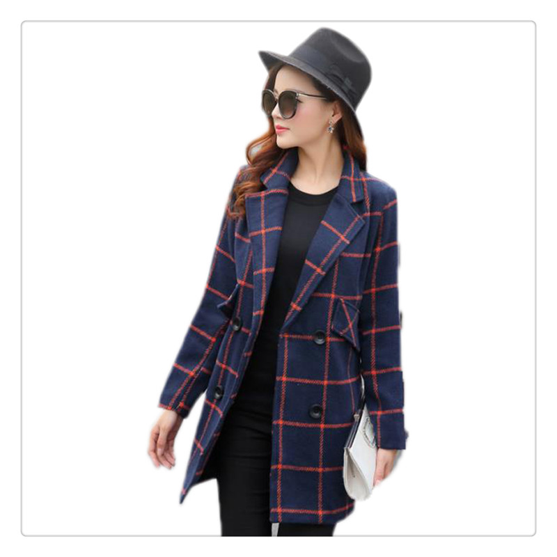 2015 casacos femininos women coat Women's Slim Double-breasted Woolen Coat Autumn Winter long coat slim winter coat plaid