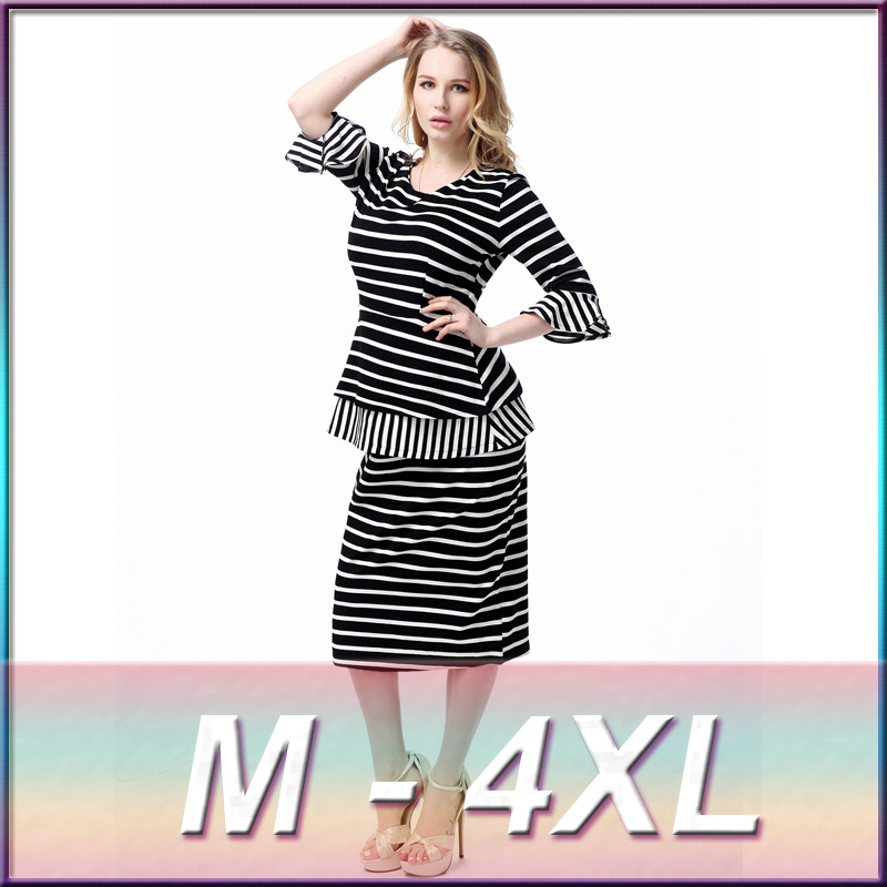 M 4XL plus size 2016 new high quality cotton striped two piece dress High end boutique