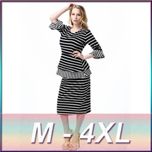 M-4XL plus size 2016 new high quality cotton striped two-piece dress High-end boutique suits
