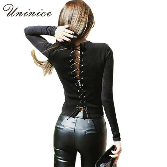 Sexy back повязку рубашка 2016 тонкий трикотажные рубашки мода черный сращивания полный рукав футболки выдалбливают тонкий трикотаж женщины топы