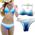 Female Sexy Bathing Suit Trikini Gradient Blue Push Up Micro Brazilian Strappy Halter Beachwear Swimwear Women
