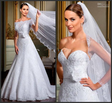 New Style Off Shoulder Short Sleeve Flower Belt A Line White Lace Wedding Dress with Jacket