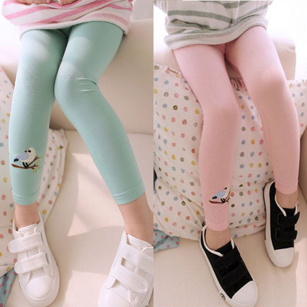 Hot Sale Baby Kids Girls Cotton Pants Embroidery Bird Warm Stretchy Leggings Trousers 2015 Freeshipping