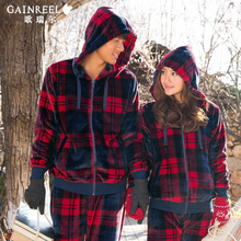 Song Riel autumn and winter flannel pajamas lovely thick plaid hooded men and women couples suite Manluo Pyjamas
