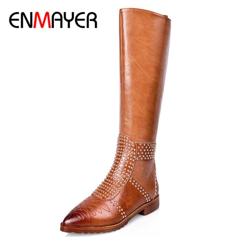 Фотография ENMAYER Women Boots Arrival The Knee High Boots Morden Round Toe Shoes Fashion High Heels Casual Motorcycle Style Leather Boots