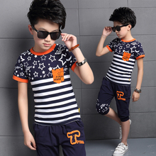 2016 New Big Boys Children’s Clothing Sets ( Tees + Pants ) Kids Striped Printed T-Shirts Knee-Length Capris Fashion Sport Suit