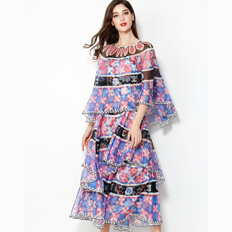 Runway Dress 2015 New Fashion Summer Brand Runway Dresses Batwing Sleeve Cape Retro Print Designer Dress for women