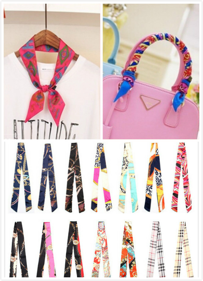 2015 summer style imitation silk scarf women twilly ribbon font b plaid b font print bags