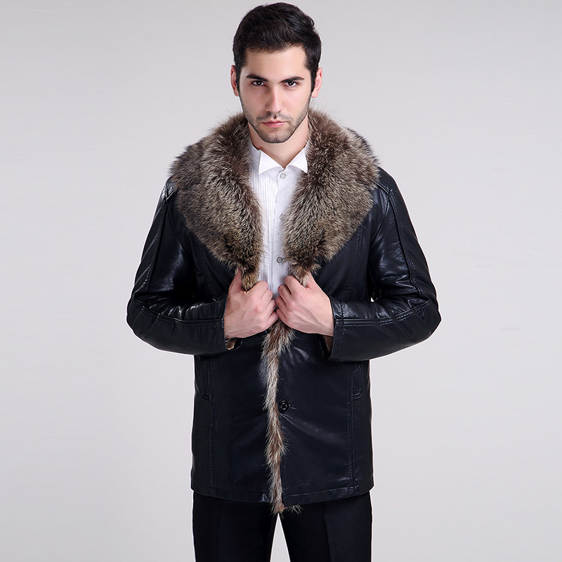 Free Shipping  2014 New Winter Men'S Casual Leather Jacket Fur Collar Large Size  Warm Leather Coat Jacket M-5XL