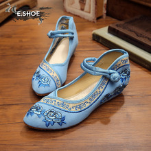 spring new rose embroidered blue fresh Chinese style fashion casual pointed toe canvas pumps women simple comfortable shoes