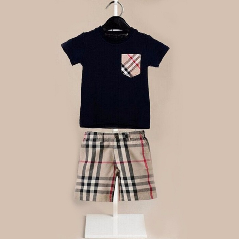 High quality 2pcs boys clothing set summer style 2015 new brand short sleeve t shirt plaid