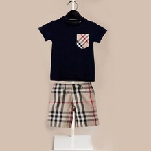 High quality 2pcs boys clothing set summer style 2015 new brand short sleeve t shirt plaid