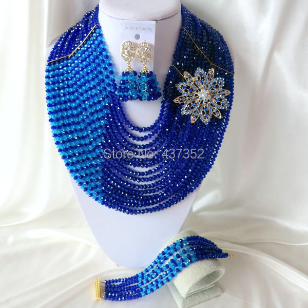 15 layers Royal blue and Turquoise blue Crystal Necklaces Bracelet Earrings Nigerian African Wedding Beads Jewelry Set  CPS-2318