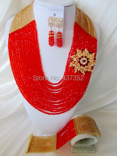 Lovely Beads 22'' Long 16 layers Champagne Gold and Red Crystal Nigerian Beads Necklaces African Wedding Beads Jewelry Set NC017