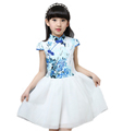 2016 Chines Style Girl Kids Dress Blue and White Embroidery Plum Cute Girls Knee Length Dress