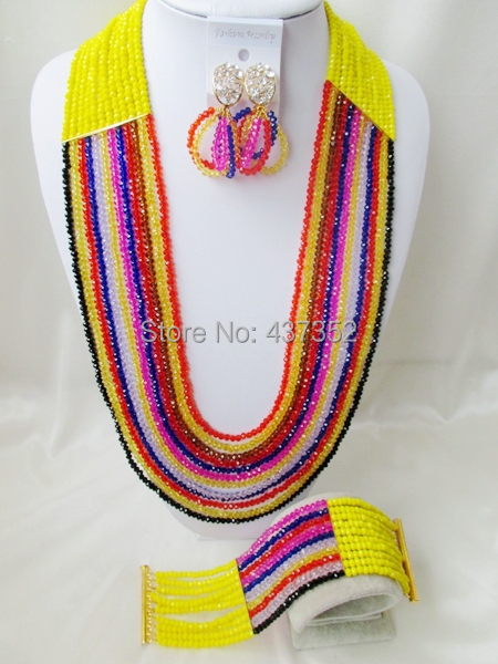 Exclusive Long New Lemon Yellow And Mixed Strand Crystal Nigerian Wedding Party African Beads Jewelry Set Free shipping CPS4366