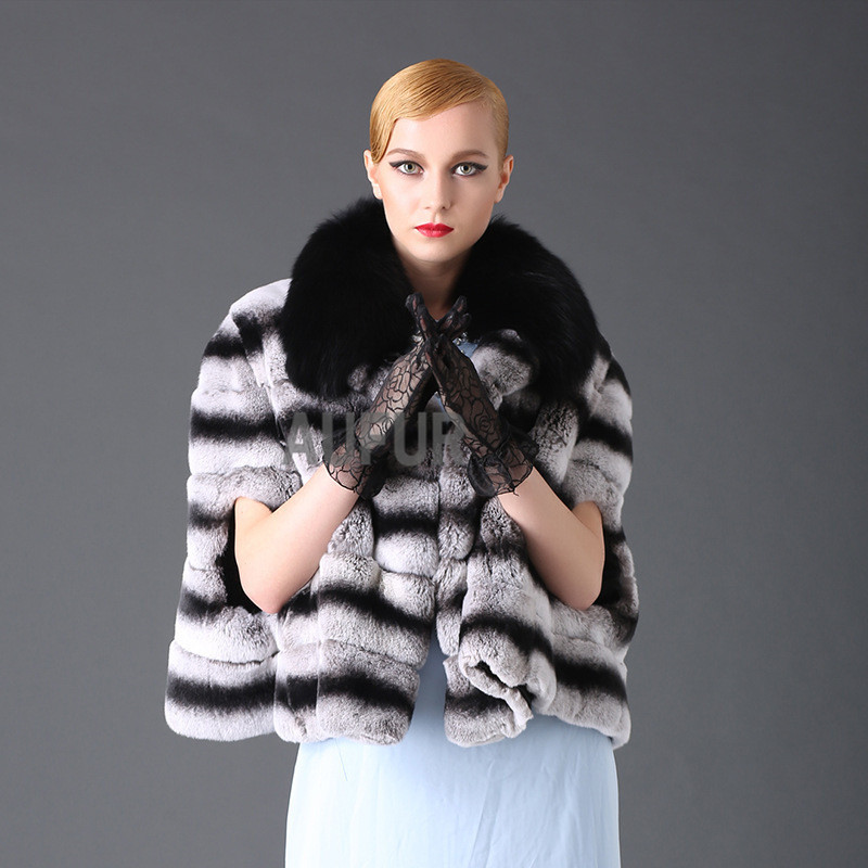 Здесь можно купить  Real Rex Rabbit Fur Overcoat with Fox Fur Collar Striped Cape Imitated Chinchilla Women Real Fur Wrap Winter Thick Warm AU00636  Одежда и аксессуары