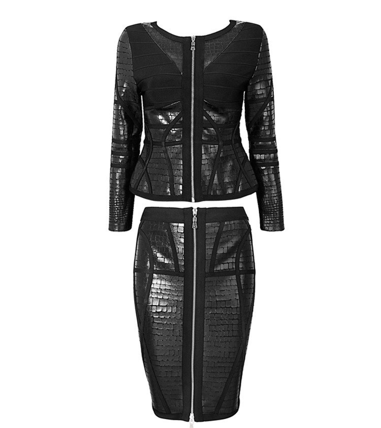 claire high quality HL leather bandage dress zipper sexy snake patchwork sexy long sleeve women midi dresses drop shipping