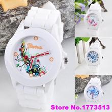 Newest Women s Geneva Flowers Printed White Silicone Band Analog Quartz Wrist WatchPopular Product 4KNY