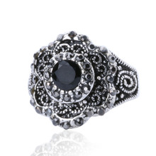 Rings For Women Sterling Silver Jewelry 2015 Fashion Vintage Tibetan Silver Alloy Black Crystal Ring Sold Cheap