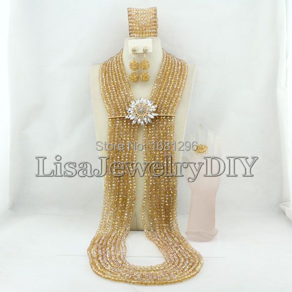 Splendid Nigerian Beads Crystal Necklaces Bracelet Earrings African Wedding Beads Jewelry Sets      HD0742