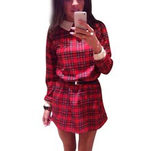 Women Long Sleeve Casual Tartan Shift Mini Dress Check Shirt Dress YRD