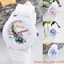 2015 Popular StyleNewest Women s Geneva Flowers Printed White Silicone Band Analog Quartz Wrist Watch 4NVL