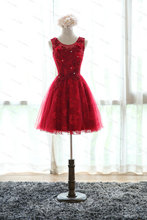 Appliques Sexy red short Lace Prom Dresses Elegant O-Neck Vestidos De Fiesta vestido de noiva robe de soiree vestido de festa
