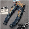 Famous Brand Jeans Men Light Blue Frazzle Holes Patchwork Denim Pants Male Slim Fit Ripped Trousers