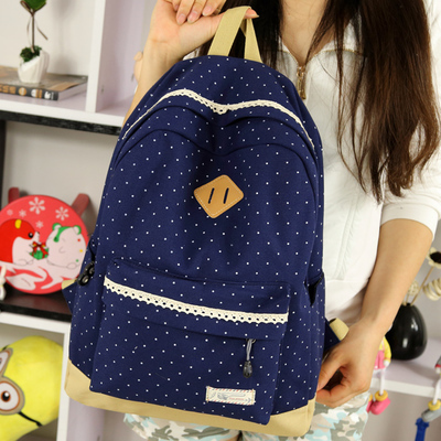 2015 new design canvas lace dots printing fashionable women backpack college student school book bag leisure